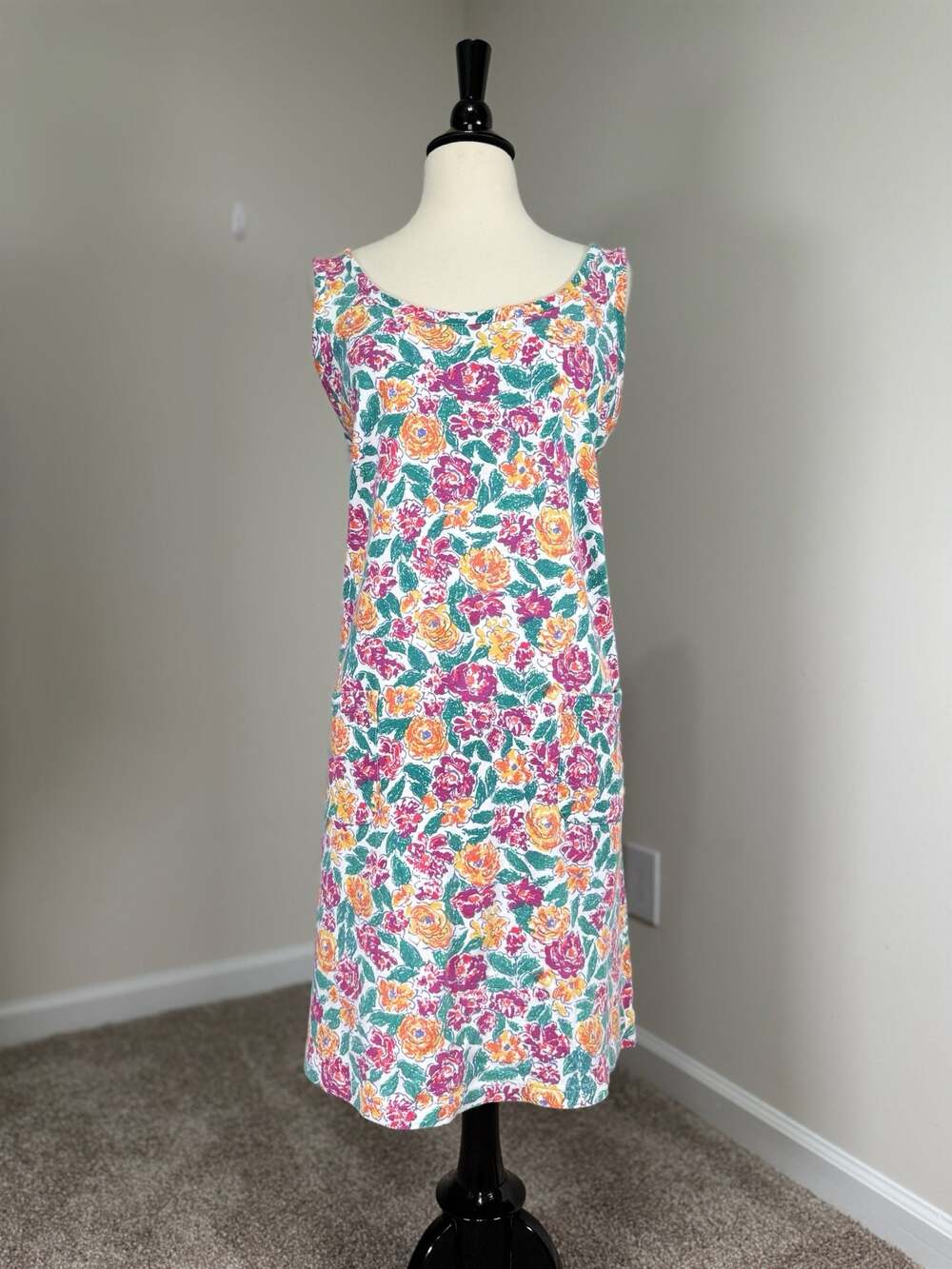 Vintage L.L. Bean Jersey Shift Dress Button Back Cottagecore Prairie Modest